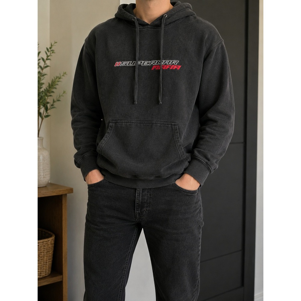Supercar Mafia Graphic Hoodie Black Faded Pullover Sweatshirt Mens Large